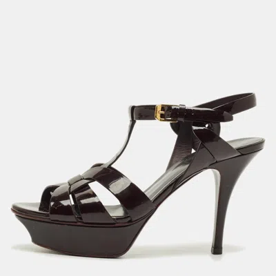 Pre-owned Saint Laurent Burgundy Patent Leather Tribute Platform Sandals Size 37.5