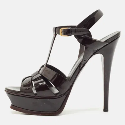 Pre-owned Saint Laurent Burgundy Patent Leather Tribute Platform Sandals Size 38