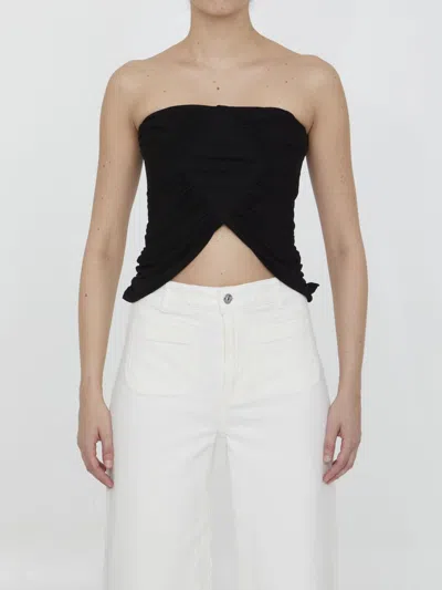 Saint Laurent Strapless Cropped Ruched Cotton-jersey Top In Black