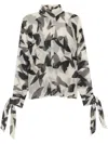 Saint Laurent Butterfly Print Silk Blouse With Tie Cuffs In Nude