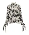Saint Laurent Butterfly Print Silk Blouse With Tie Cuffs In Nude
