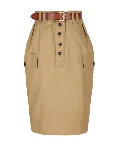 Saint Laurent Button Detailed Belted Pencil Skirt In Beige