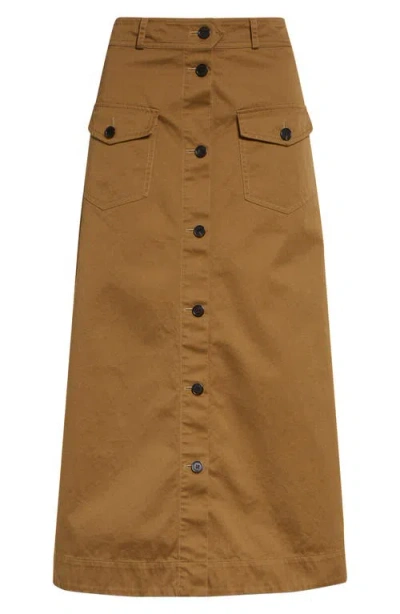 Saint Laurent Button Front Cotton Serge Midi Skirt In Brown
