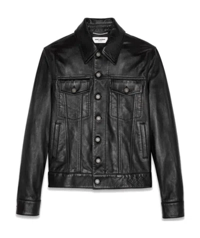 Saint Laurent Button-up Leather Jacket In Black