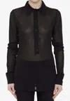 Saint Laurent Long Sleeve Sheer Collared Jersey Top In Black