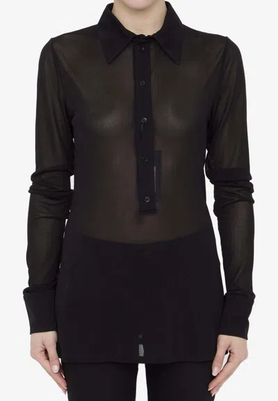 Saint Laurent Long Sleeve Sheer Collared Jersey Top In Multi