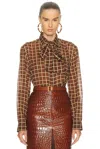 Saint Laurent Wool Shirt Jacket Bow Detail Checks In Brown