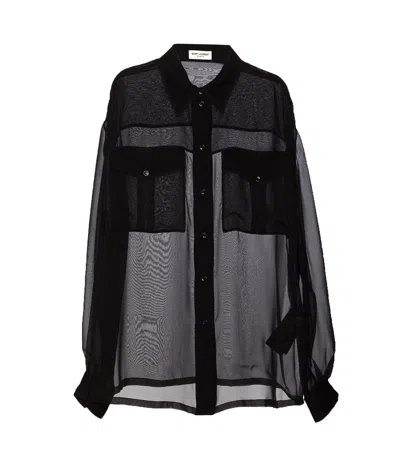 Saint Laurent Silk Crepe Muslin Shirt In Black