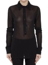 Saint Laurent Long Sleeve Sheer Collared Jersey Top In Black
