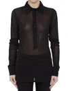 Saint Laurent Long Sleeve Sheer Collared Jersey Top In Black