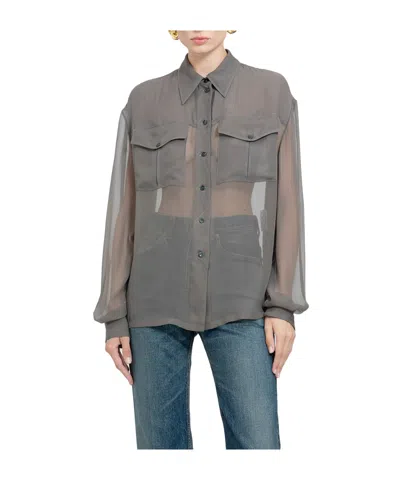 Saint Laurent Buttoned Long-sleeved Shirt In Gray