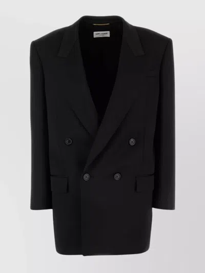 Saint Laurent Buttoned Satin Blazer With Structured Shoulders In Black