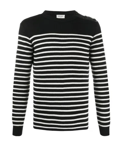Saint Laurent Buttoned-shoulder Striped Jumper In Black