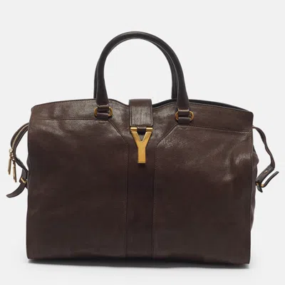 Pre-owned Saint Laurent Cabas Chyc Large Dark Brown Leather Tote