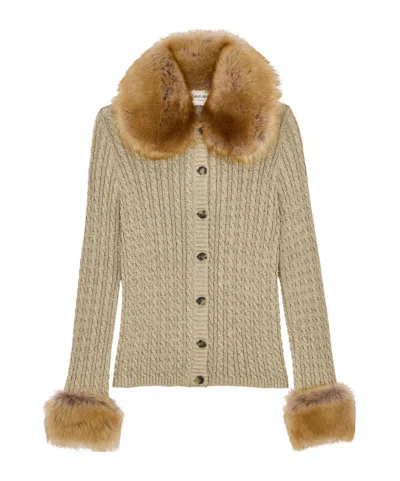 Saint Laurent Cable-knit Cardigan In Lurex And Animal-free Fur In Brown