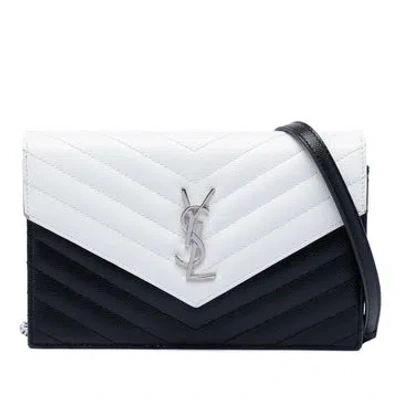 Pre-owned Saint Laurent Calf Leather Bicolor Grain De Poudre Chevron Monogram Envelope Chain Wallet In Black