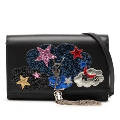 Pre-owned Saint Laurent Calf Leather Calfskin Cloud Star Applique Classic Monogram Kate Tassel Wallet On Chain In Black