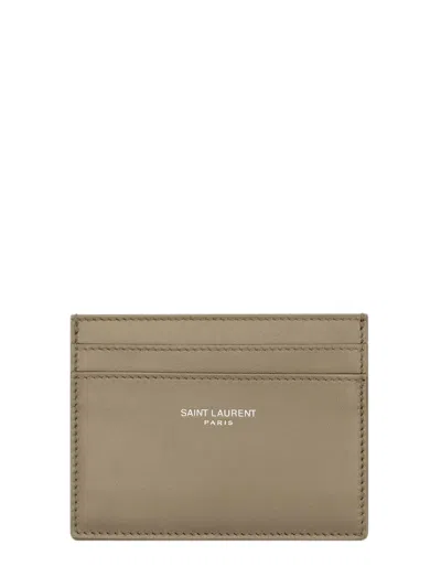 Saint Laurent Calf Leather Card Case In Plaza Taupe