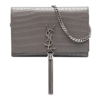 Pre-owned Saint Laurent Calf Leather Croc Embossed Leather Monogram Kate Tassel Wallet On Chain In Gray