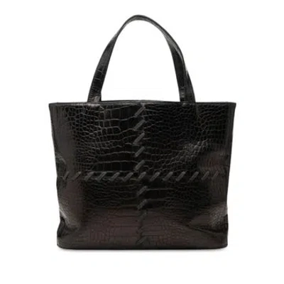 Pre-owned Saint Laurent Calf Leather Croc Embossed Leather Tote In Black