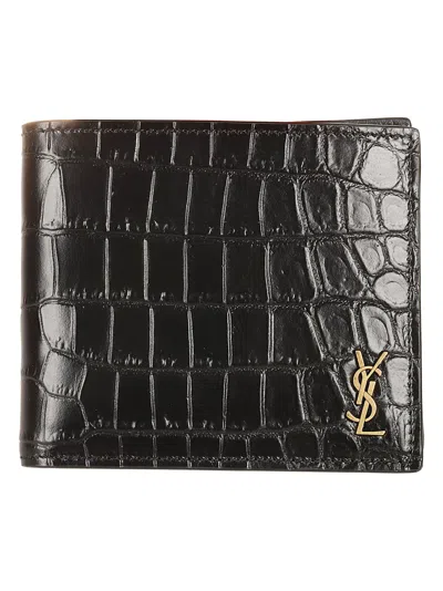 Saint Laurent Calf Leather Crocodile Pattern Bi-fold Wallet