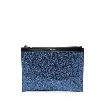Pre-owned Saint Laurent Calf Leather Glittered Leather Zipped Tablet Pouch In Black
