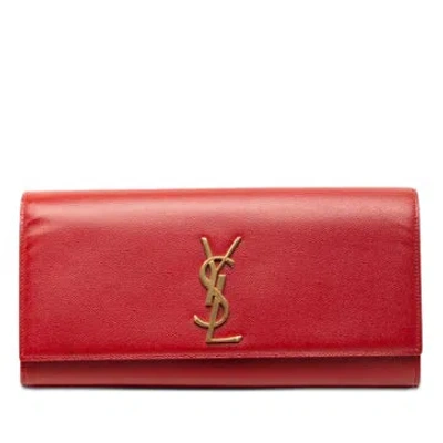 Pre-owned Saint Laurent Calf Leather Grain De Poudre Monogram Cassandre Clutch In Red