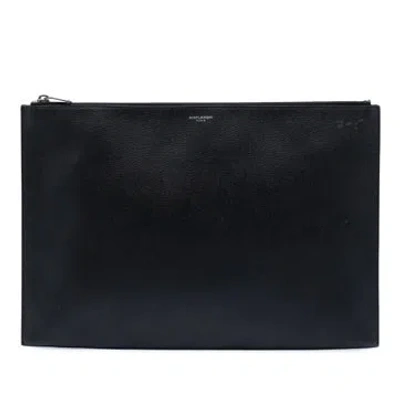 Pre-owned Saint Laurent Calf Leather Grain De Poudre Zip Document Holder In Black