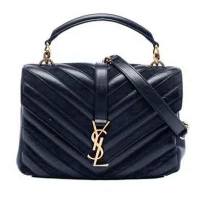 Pre-owned Saint Laurent Calf Leather Medium Calfskin And Suede Chevron Monogram College Satchel In Blue