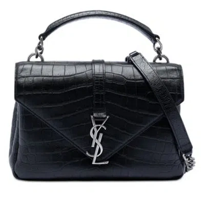 Pre-owned Saint Laurent Calf Leather Medium Croc Embossed Leather College Satchel In Black