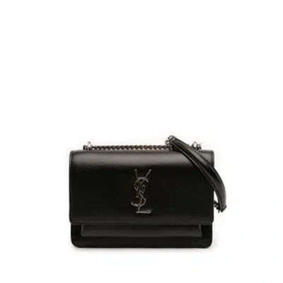 Pre-owned Saint Laurent Calf Leather Mini Leather Monogram Sunset Wallet On Chain In Black