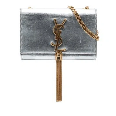 Pre-owned Saint Laurent Calf Leather Small Metallic Calfskin Monogram Kate Tassel Crossbody In Silver