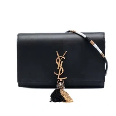 Pre-owned Saint Laurent Calf Leather Smooth Calfskin Monogram Kate Bicolor Tassel Wallet On Strap In Black