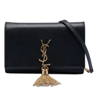 Pre-owned Saint Laurent Calf Leather Smooth Calfskin Monogram Kate Tassel Chain Wallet In Black