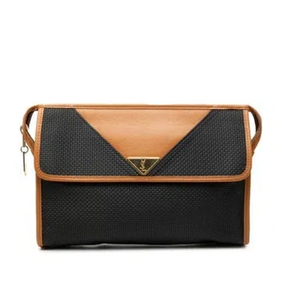 Pre-owned Saint Laurent Calf Leather Trimmed Coated Canvas Clutch In Black