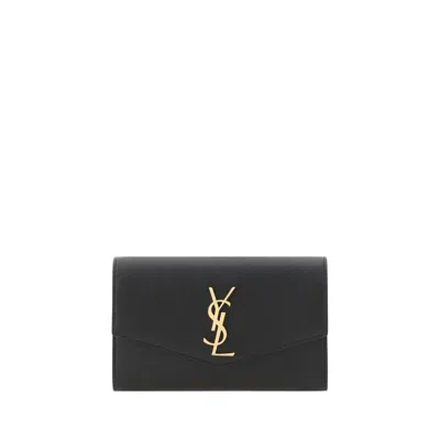 Saint Laurent Calf Leather With Chain Strap Wallet In Black