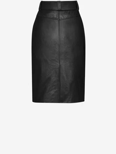 Saint Laurent Calf Leather With Wrinkled Belt Pencil Skirt In Black