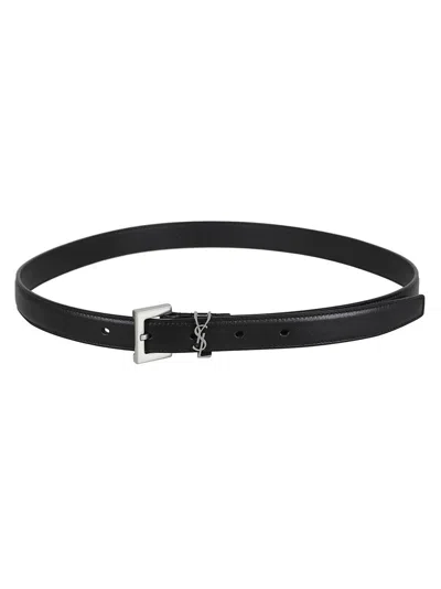 Saint Laurent Calfskin Black Belt With Silver-tone Buckle