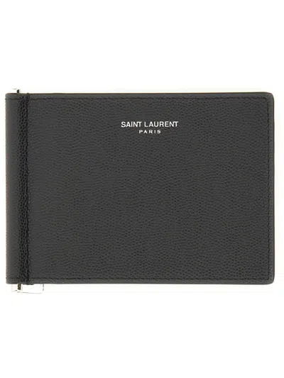 Saint Laurent Calfskin Card Case With Money Clip And 6 Card Slots In Black