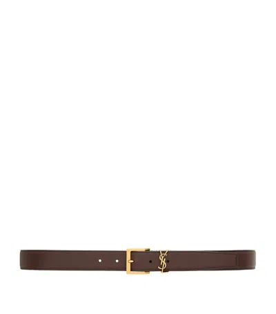 Saint Laurent Calfskin Cassandre Belt In Brown