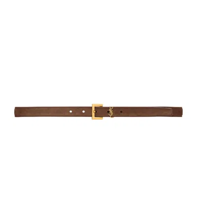 Saint Laurent Calfskin Cassandre Belt In Brown