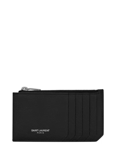 Saint Laurent Calfskin Mini Wallet With Five Card Slots And Zip Pocket In Nero