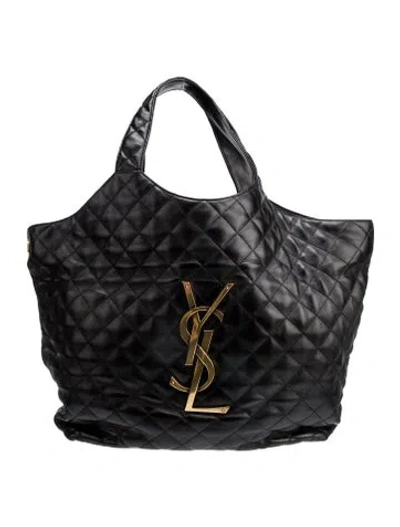 Pre-owned Saint Laurent Calfskin Monogram Carré-quilt Matelassé Maxi Icare W/ Pouch Maxi In Black