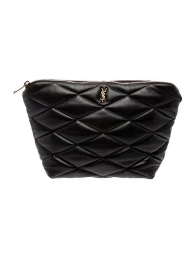 Pre-owned Saint Laurent Calfskin Monogram Carré-quilt Matelassé Sade Pouch Medium In Black
