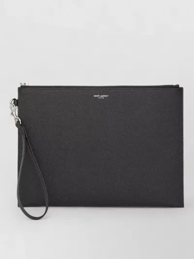 Saint Laurent Calfskin Tablet Clutch Bag Wrist Strap In Black