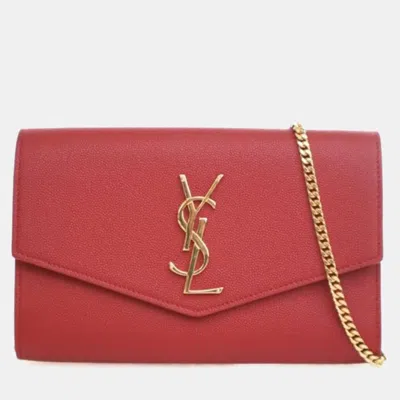 Pre-owned Saint Laurent Calfskin Uptown Chain Wallet In Red