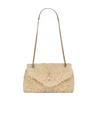 Saint Laurent Calypso Shearling Shoulder Bag In Nude