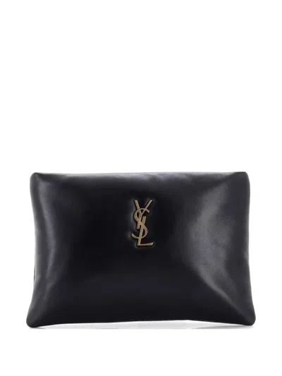 Pre-owned Saint Laurent Calypso Zip Pouch Leather Small Clutch Bag In Black