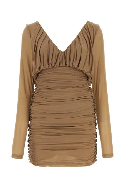 Saint Laurent Jersey V-neck Mini Dress With Ruched Sleeves In Brown
