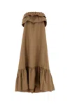 Saint Laurent Beige Long Dress With Bustier Neckline And Ruffled Skirt In Cotton Woman In Beige